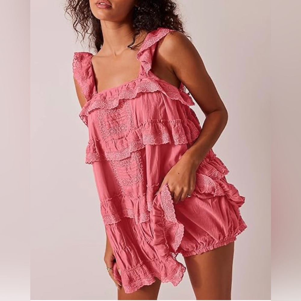 Free People Pink Ruffled romper with bloomers